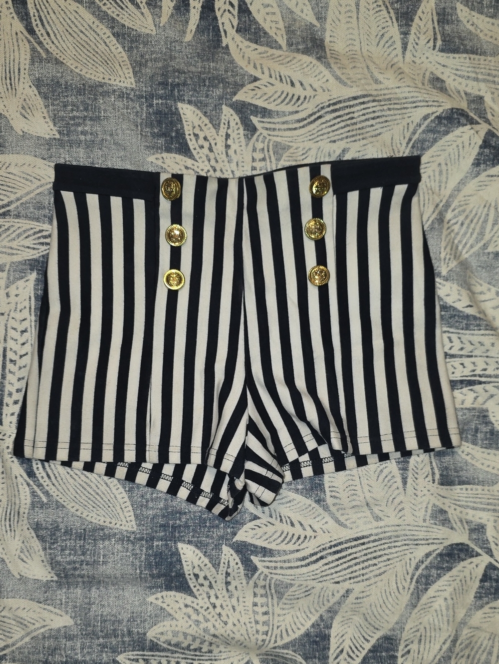 Vintage Nautical Navy and White Striped High-Rise Button-Front Bike Shorts